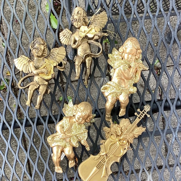 Vintage Cherub Angel Christmas Ornaments & Violin (5 Pieces) - Picture 1 of 11
